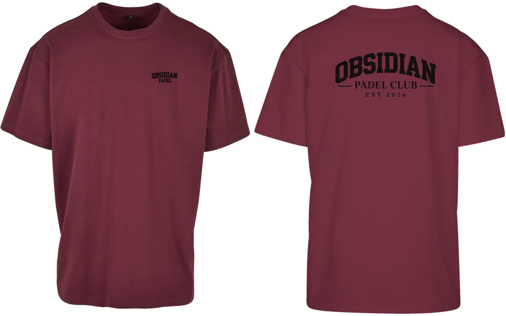 Varsity Oversized Tee in Cherry with black print, front and back
