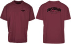 Varsity Oversized Tee in Cherry with black print, front and back