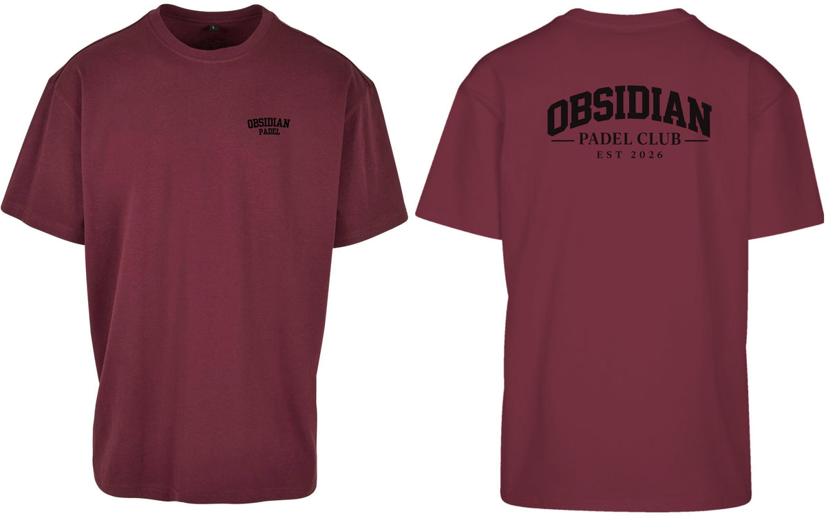 Varsity Oversized Tee in Cherry with black print, front and back