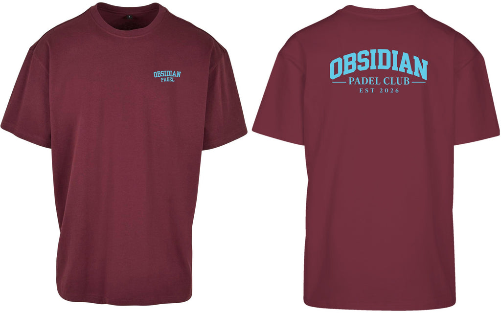 Varsity Oversized Tee in Cherry with light blue print, front and back