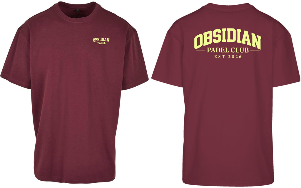 Varsity Oversized Tee in Cherry with light yellow print, front and back