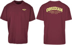 Varsity Oversized Tee in Cherry with light yellow print, front and back