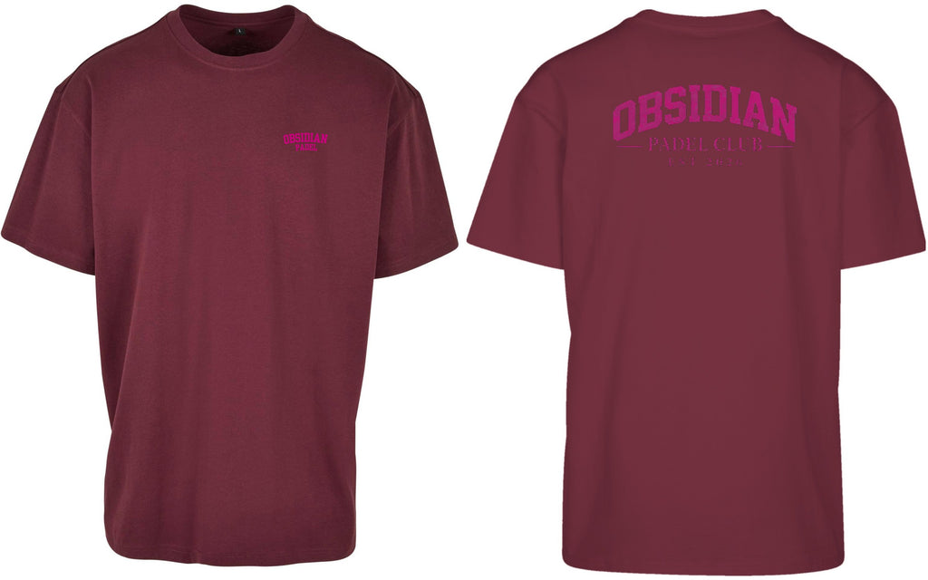 Varsity Oversized Tee in Cherry with pink print, front and back