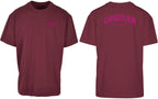 Varsity Oversized Tee in Cherry with pink print, front and back