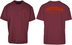 Varsity Oversized Tee in Cherry with red print, front and back