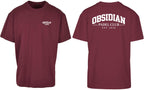 Varsity Oversized Tee in Cherry with white print, front and back