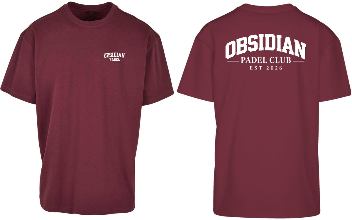 Varsity Oversized Tee in Cherry with white print, front and back