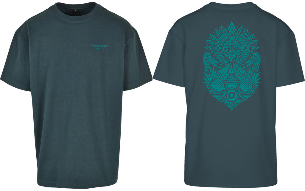 Aztec Oversized Tee in Green with teal print, front and back
