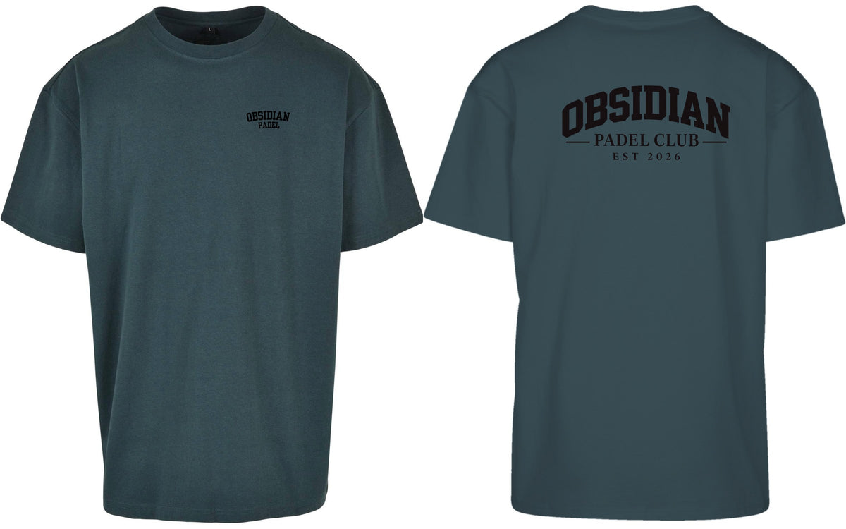 Varsity Oversized Tee in Green with black print, front and back