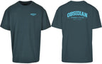 Varsity Oversized Tee in Green with light blue print, front and back
