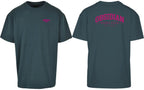 Varsity Oversized Tee in Green with pink print, front and back