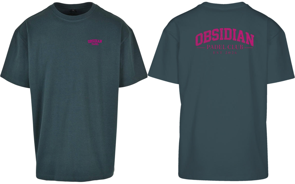Varsity Oversized Tee in Green with pink print, front and back