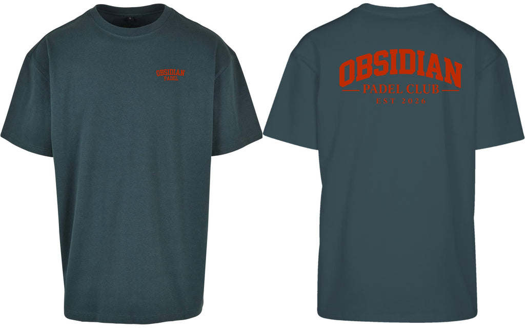 Varsity Oversized Tee in Green with red print, front and back