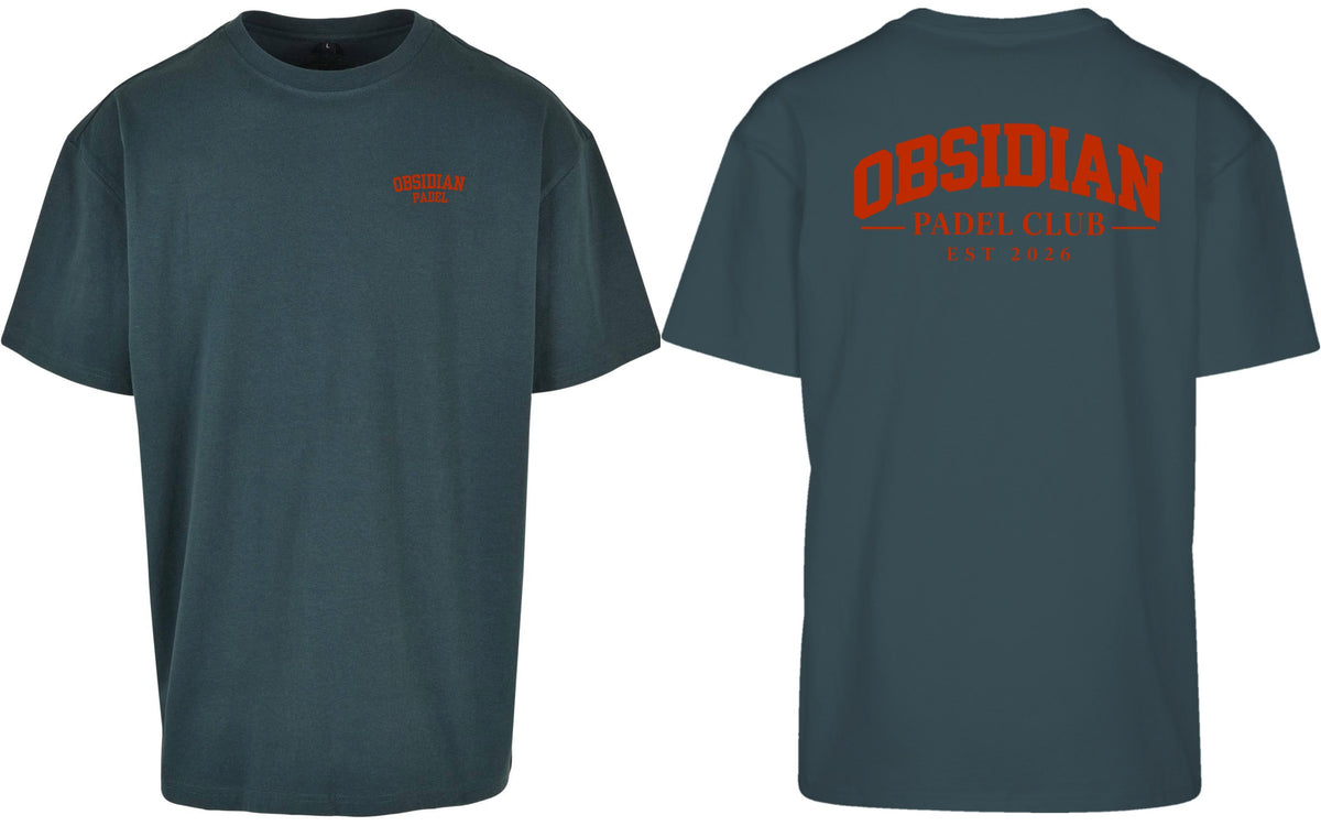Varsity Oversized Tee in Green with red print, front and back