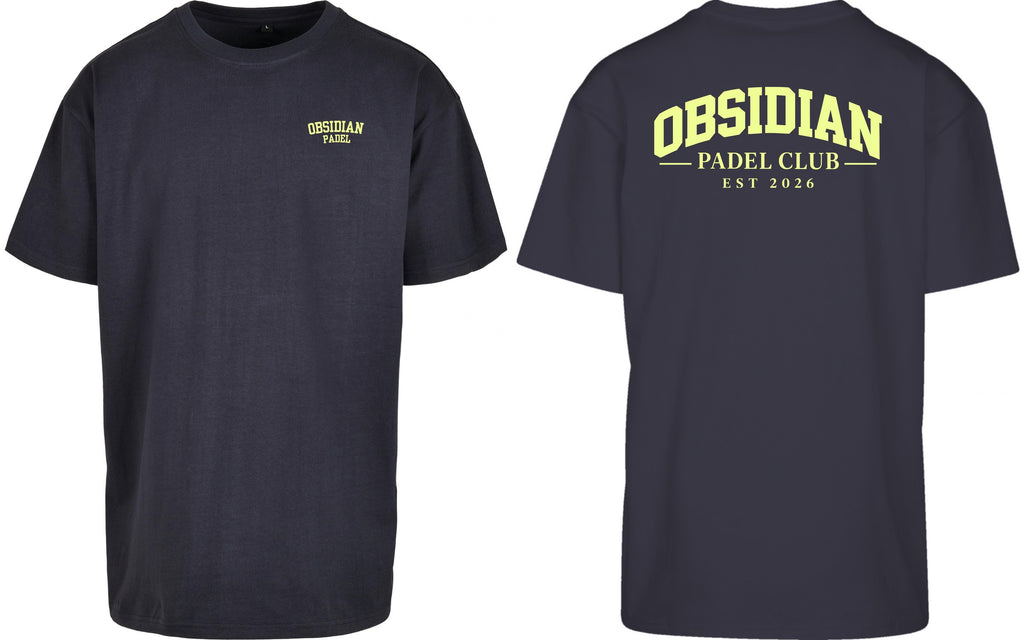 Varsity Oversized Tee in Navy with light yellow print, front and back