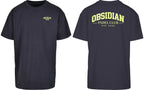 Varsity Oversized Tee in Navy with light yellow print, front and back