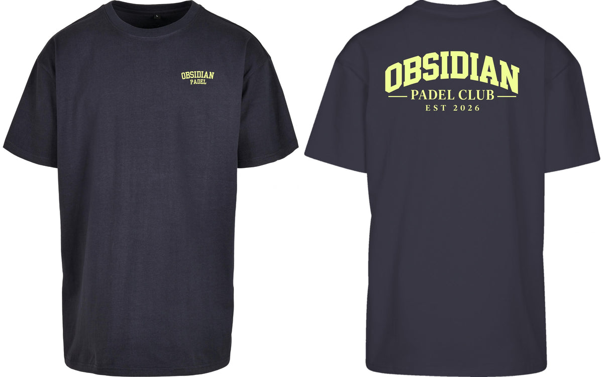 Varsity Oversized Tee in Navy with light yellow print, front and back