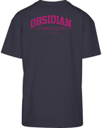 Varsity Oversized Tee in Navy with pink print, back