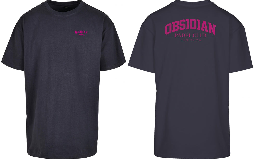 Varsity Oversized Tee in Navy with pink print, front and back