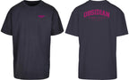 Varsity Oversized Tee in Navy with pink print, front and back