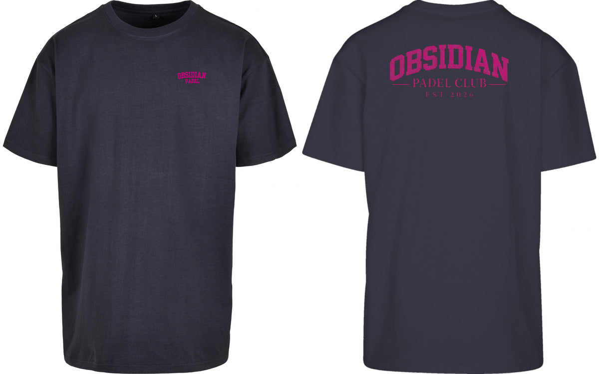 Varsity Oversized Tee in Navy with pink print, front and back