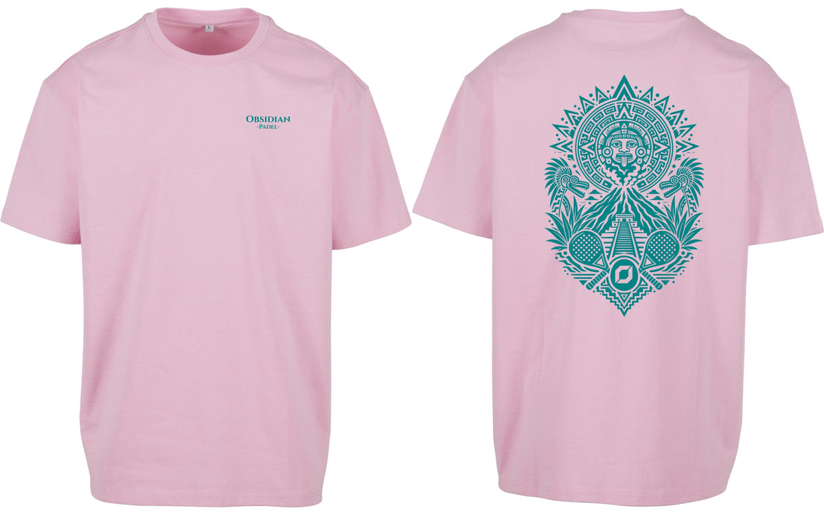Aztec Oversized Tee in Pink with teal print, front and back