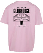 Court to Clubhouse Oversized Tee in Pink with black print, back