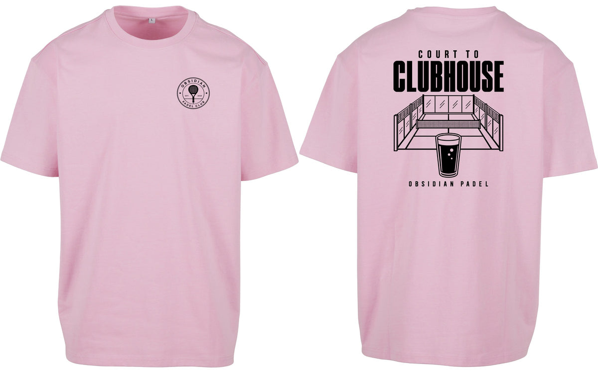 Court to Clubhouse Oversized Tee in Pink with black print, front and back