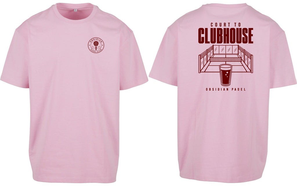Court to Clubhouse Oversized Tee in Pink with cherry print, front and back