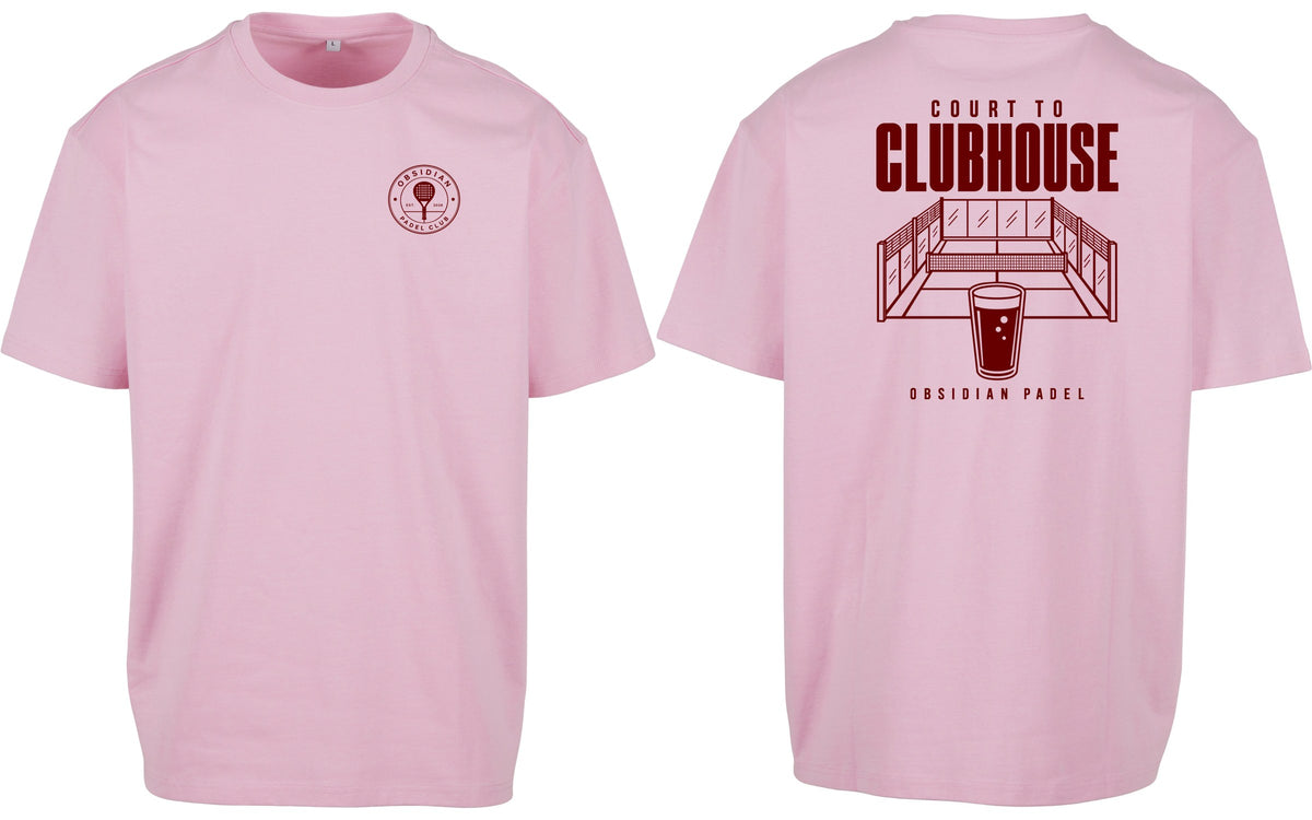 Court to Clubhouse Oversized Tee in Pink with cherry print, front and back
