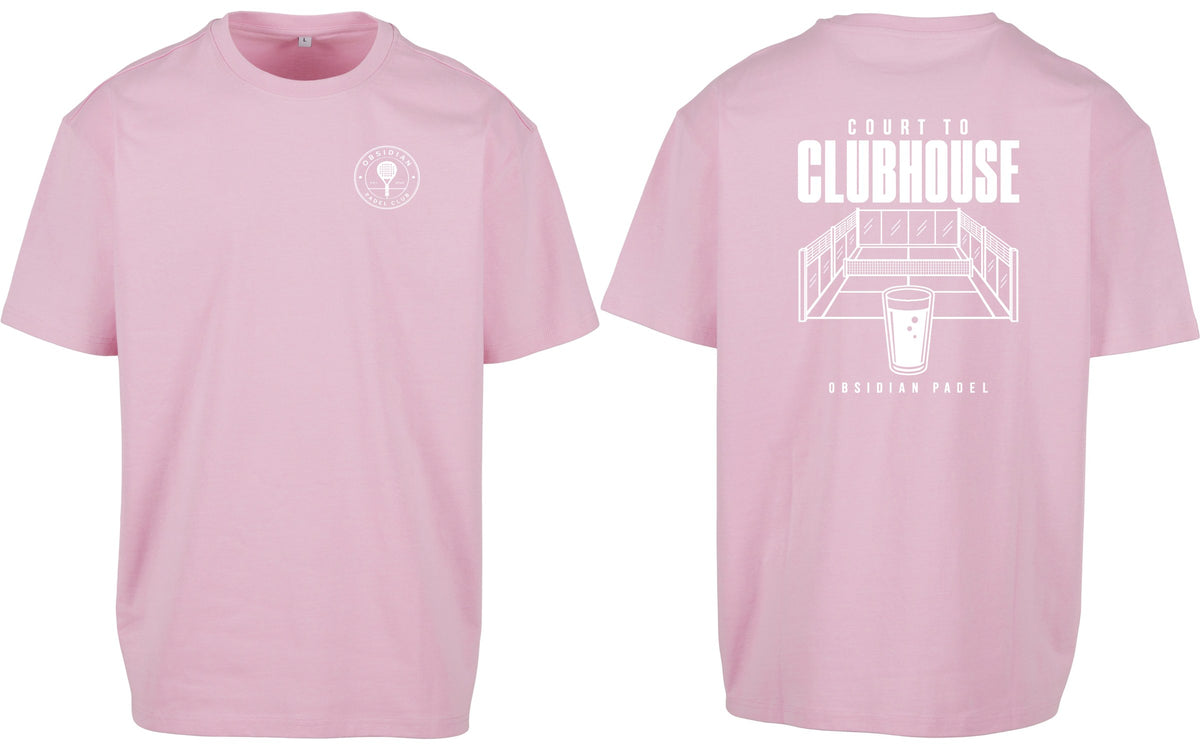 Court to Clubhouse Oversized Tee in Pink with white print, front and back