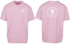 Roundel Oversized Tee in Pink with white print, front and back