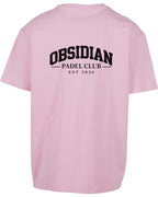 Varsity Oversized Tee in Pink with black print, back