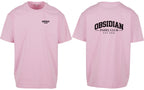 Varsity Oversized Tee in Pink with black print, front and back