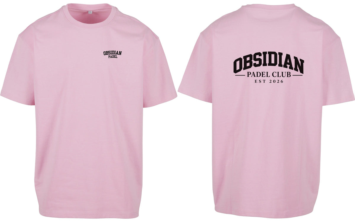Varsity Oversized Tee in Pink with black print, front and back