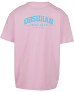 Varsity Oversized Tee in Pink with light blue print, back