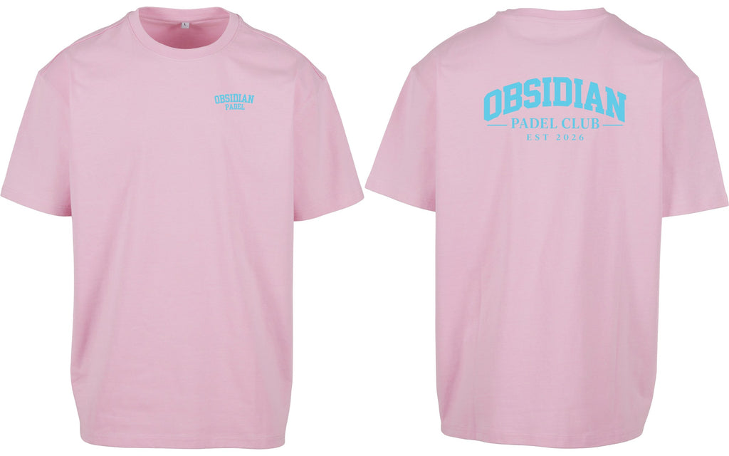 Varsity Oversized Tee in Pink with light blue print, front and back