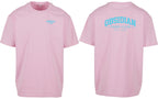 Varsity Oversized Tee in Pink with light blue print, front and back