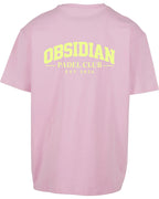 Varsity Oversized Tee in Pink with light yellow print, back