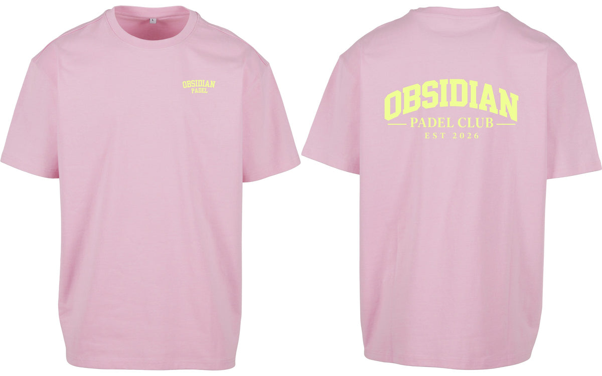 Varsity Oversized Tee in Pink with light yellow print, front and back