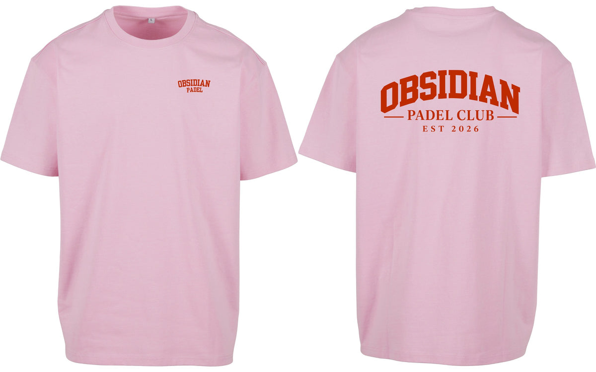Varsity Oversized Tee in Pink with red print, front and back