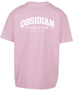 Varsity Oversized Tee in Pink with white print, back
