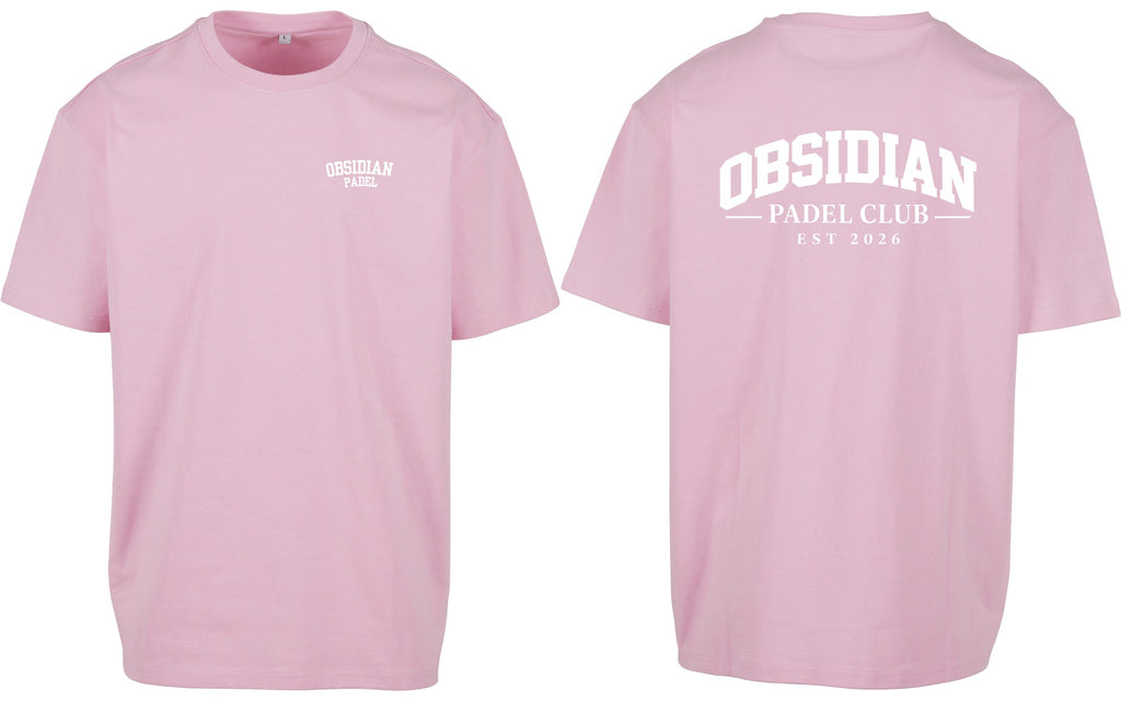 Varsity Oversized Tee in Pink with white print, front and back