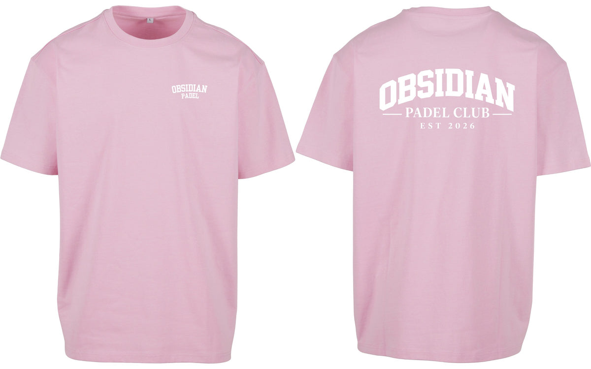 Varsity Oversized Tee in Pink with white print, front and back