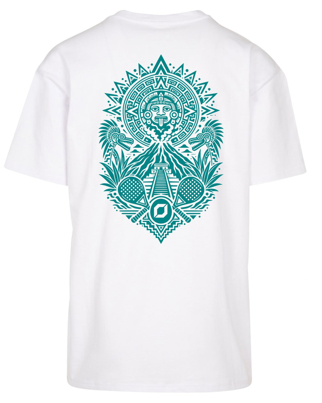 Aztec Oversized Tee in White with teal print, back
