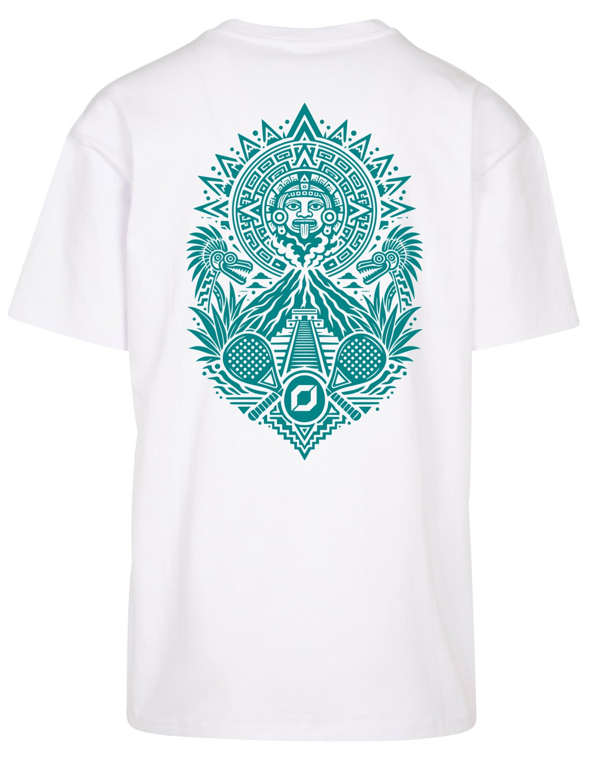 Aztec Oversized Tee in White with teal print, back