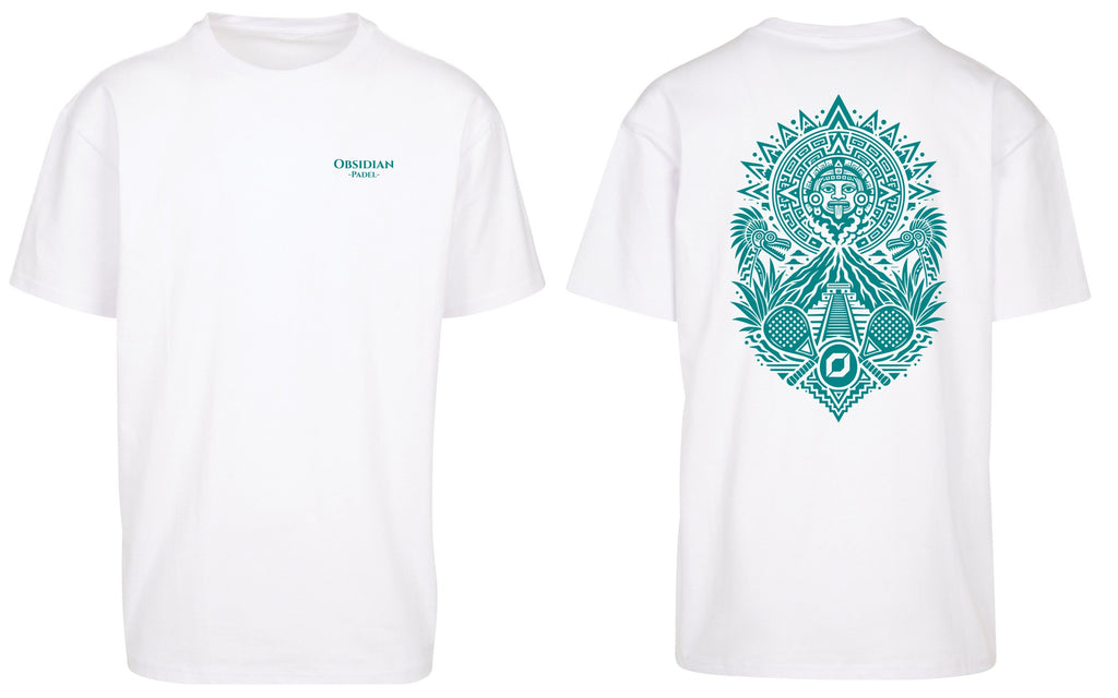 Aztec Oversized Tee in White with teal print, front and back