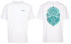 Aztec Oversized Tee in White with teal print, front and back