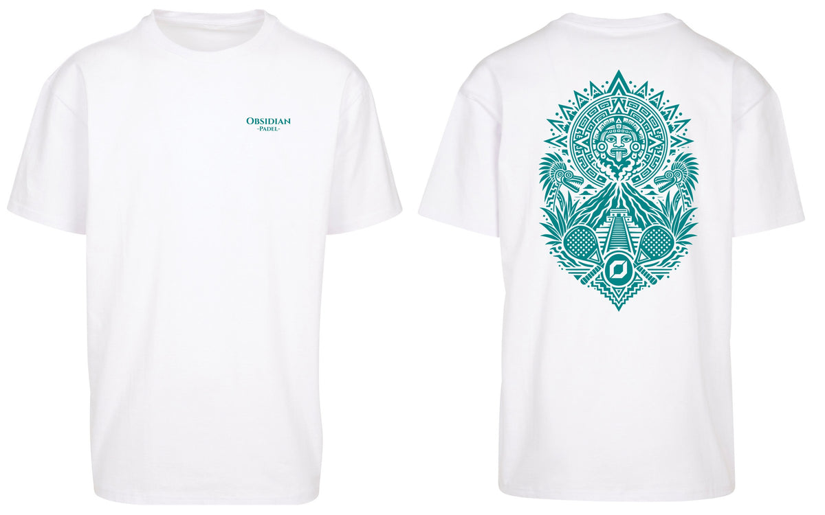 Aztec Oversized Tee in White with teal print, front and back