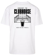 Court to Clubhouse Oversized Tee in White with black print, back